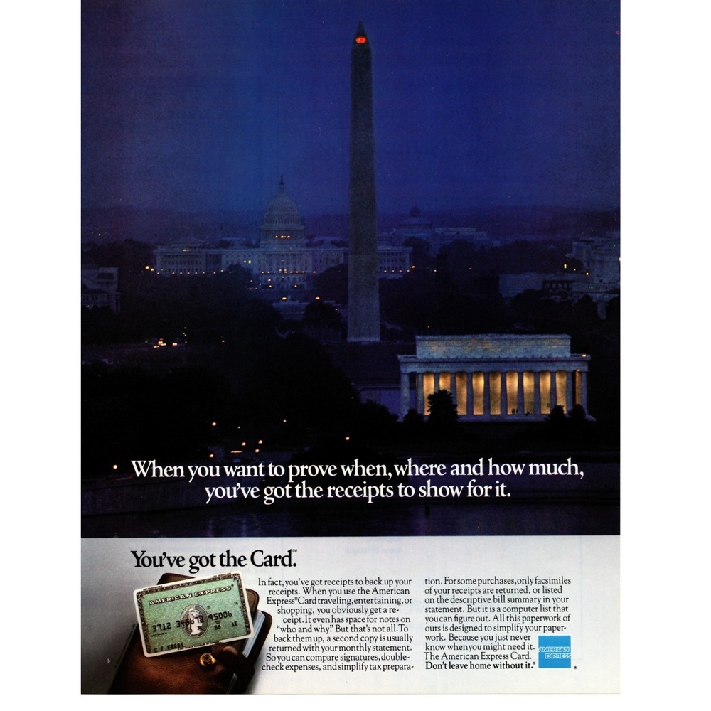 American Express 1984 Vintage Print Ad Washington DC Monument Skyline Art 80s